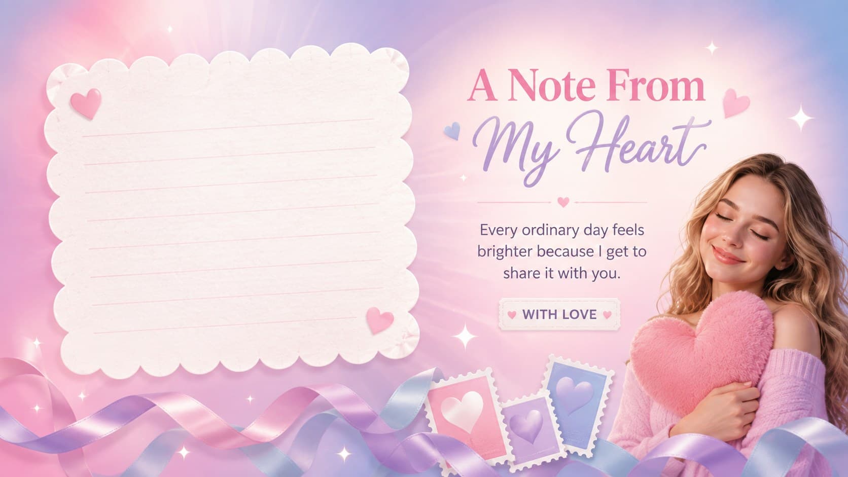 Romantic slideshow deck for couples featuring a heartfelt opening note and pastel heart motifs.