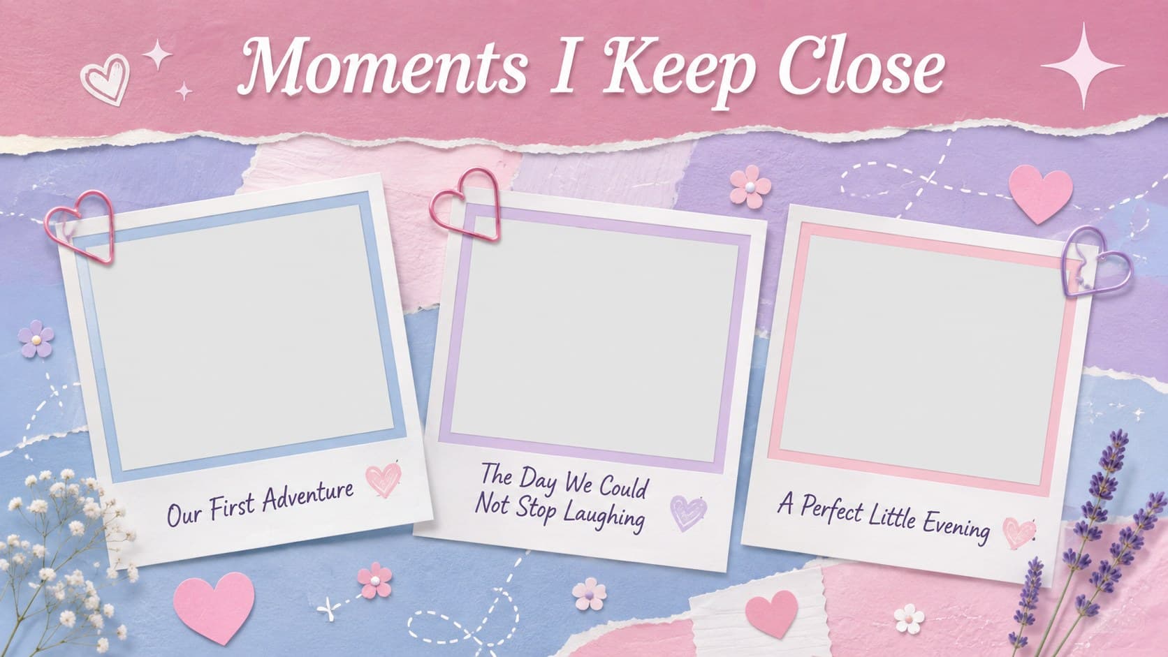 Pink and blue love story theme slide presenting three favorite relationship memories.