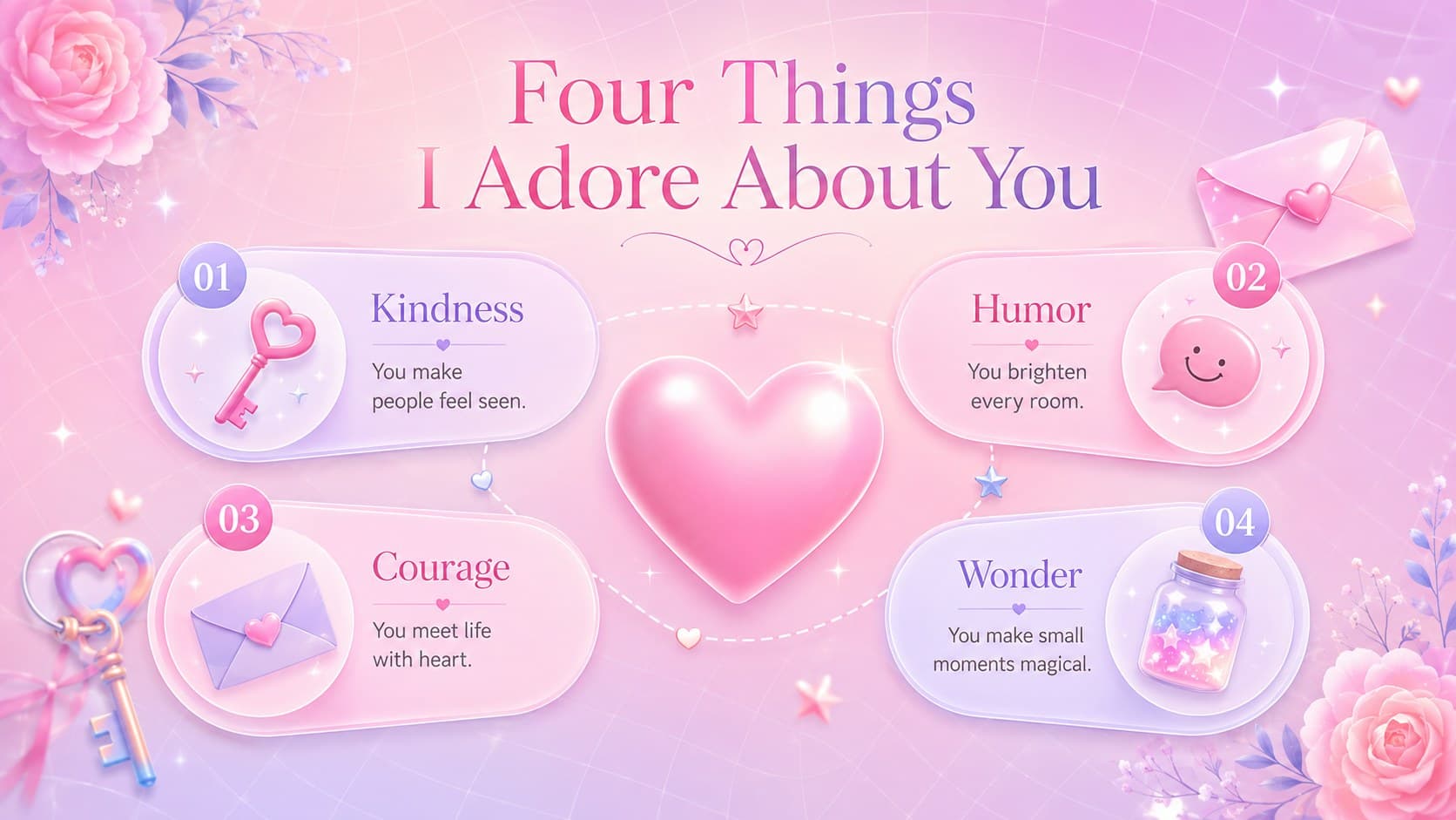 Valentine message slide with four affectionate qualities arranged around a central pastel heart.