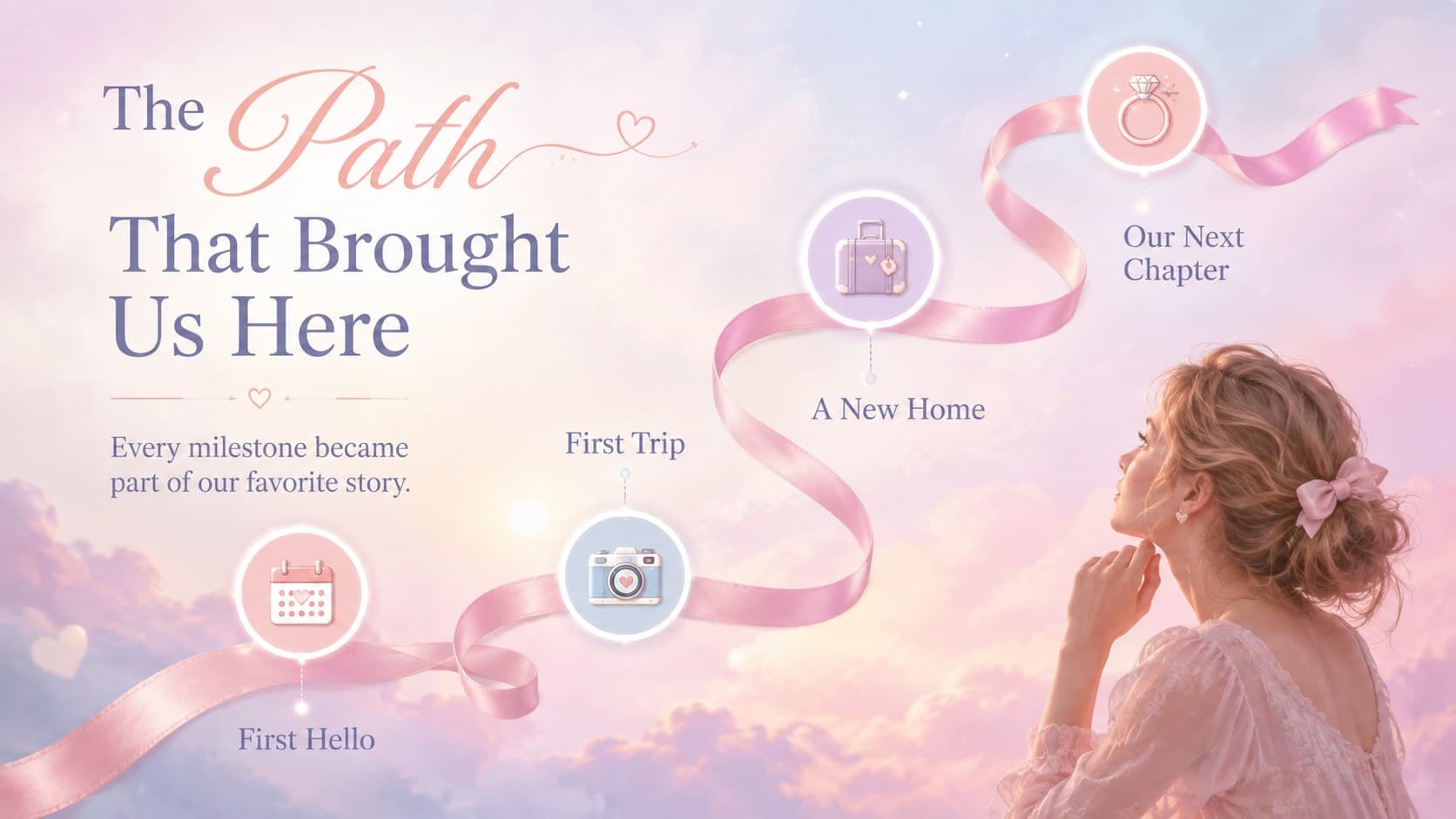 Editable anniversary presentation slide showing a pastel timeline of shared relationship milestones.