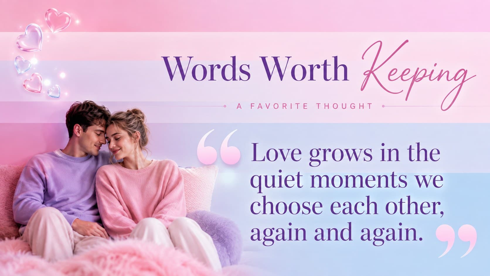Heart-themed Google Slides deck layout with a romantic quote in a dreamy pastel design.