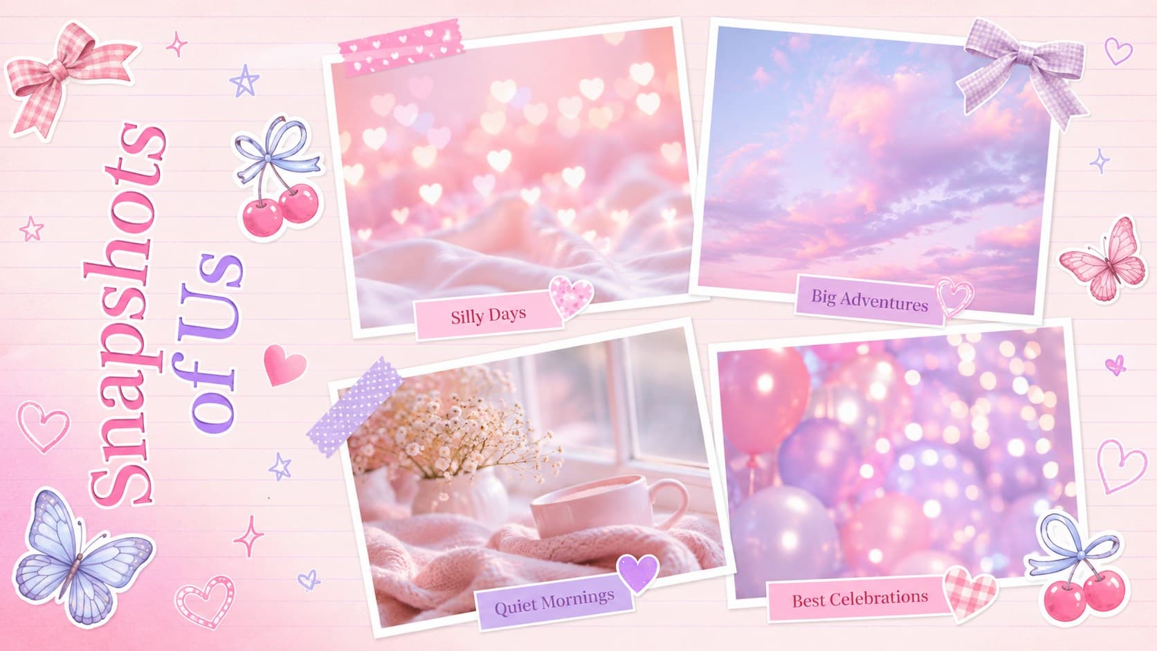 Romantic photo album presentation slide with four editable memory frames and pastel decorations.