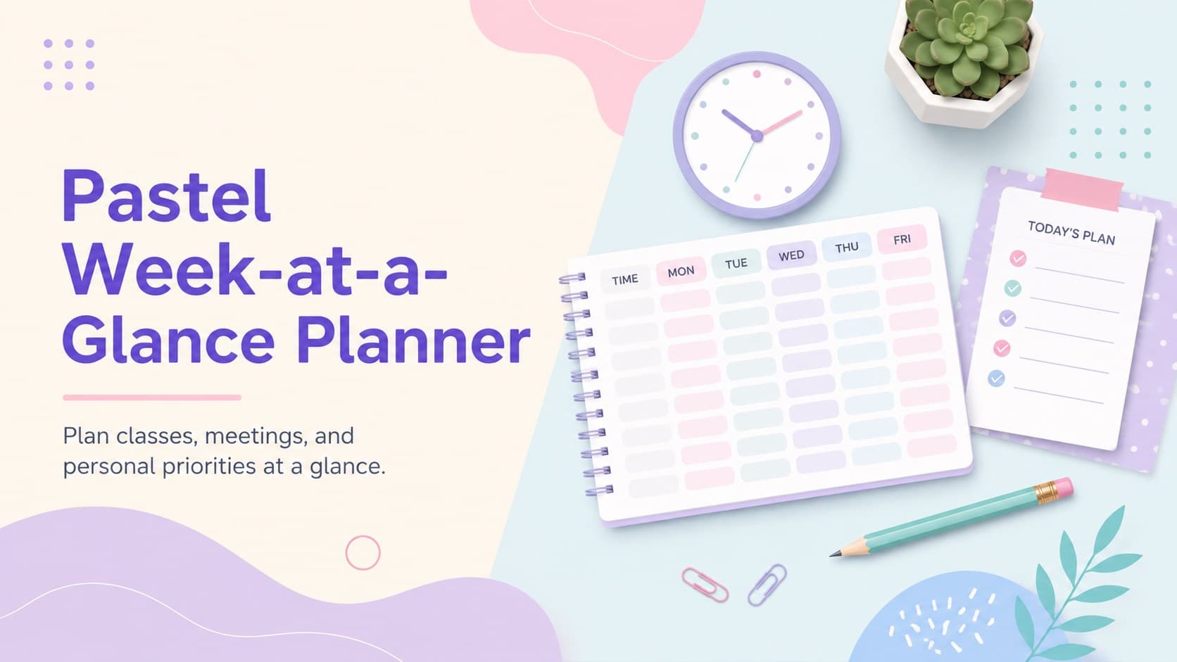 Cover of a Pastel Week-at-a-Glance Planner with soft color blocks and simple planning icons.