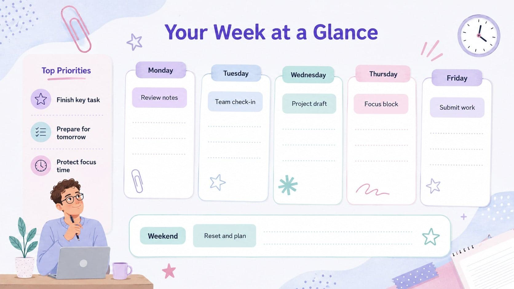 Editable pastel weekly planner showing weekday columns for appointments, assignments, and priority tasks.