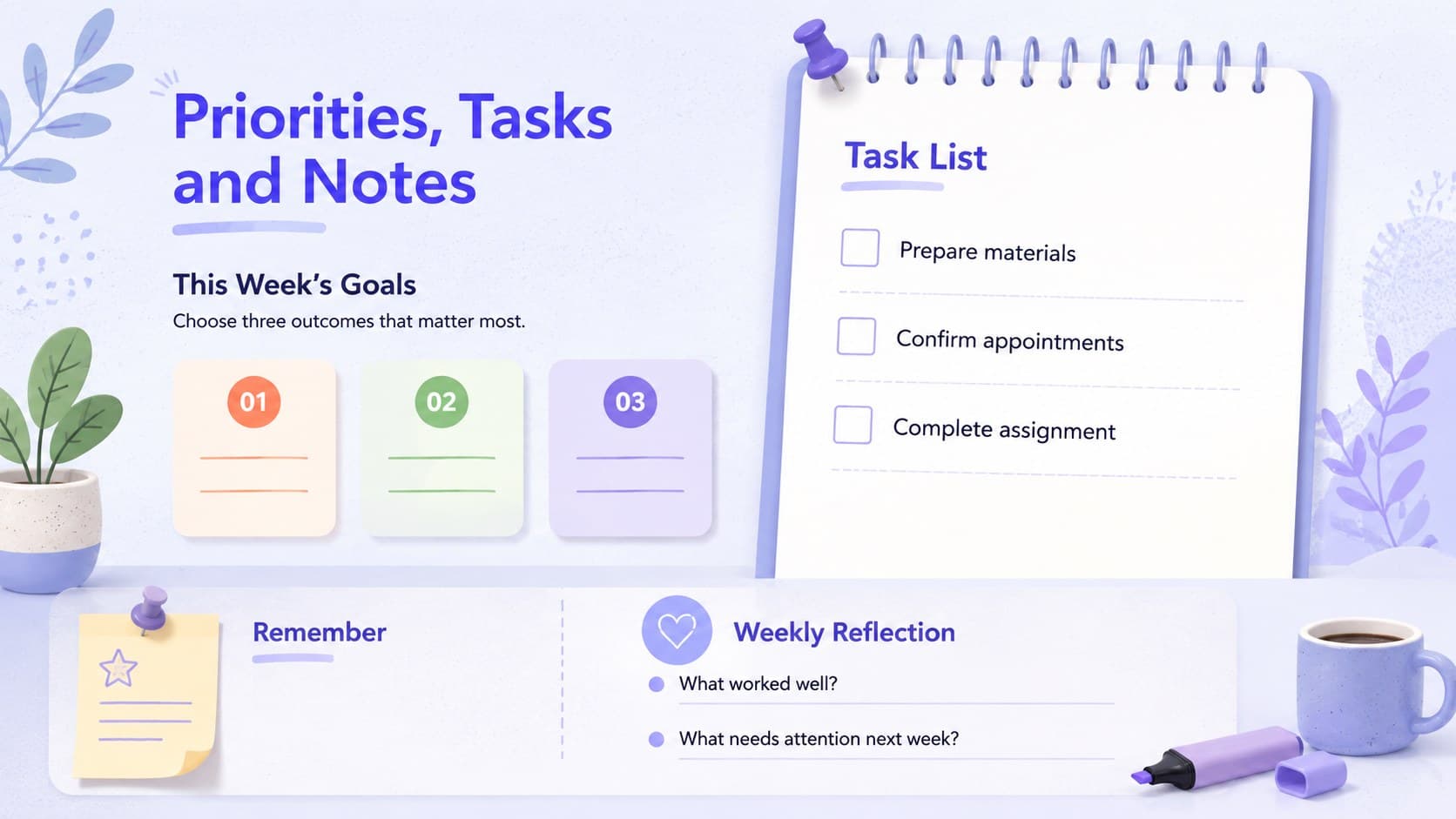 Pastel workweek organizer with sections for main goals, task tracking, reminders, and weekly reflection.