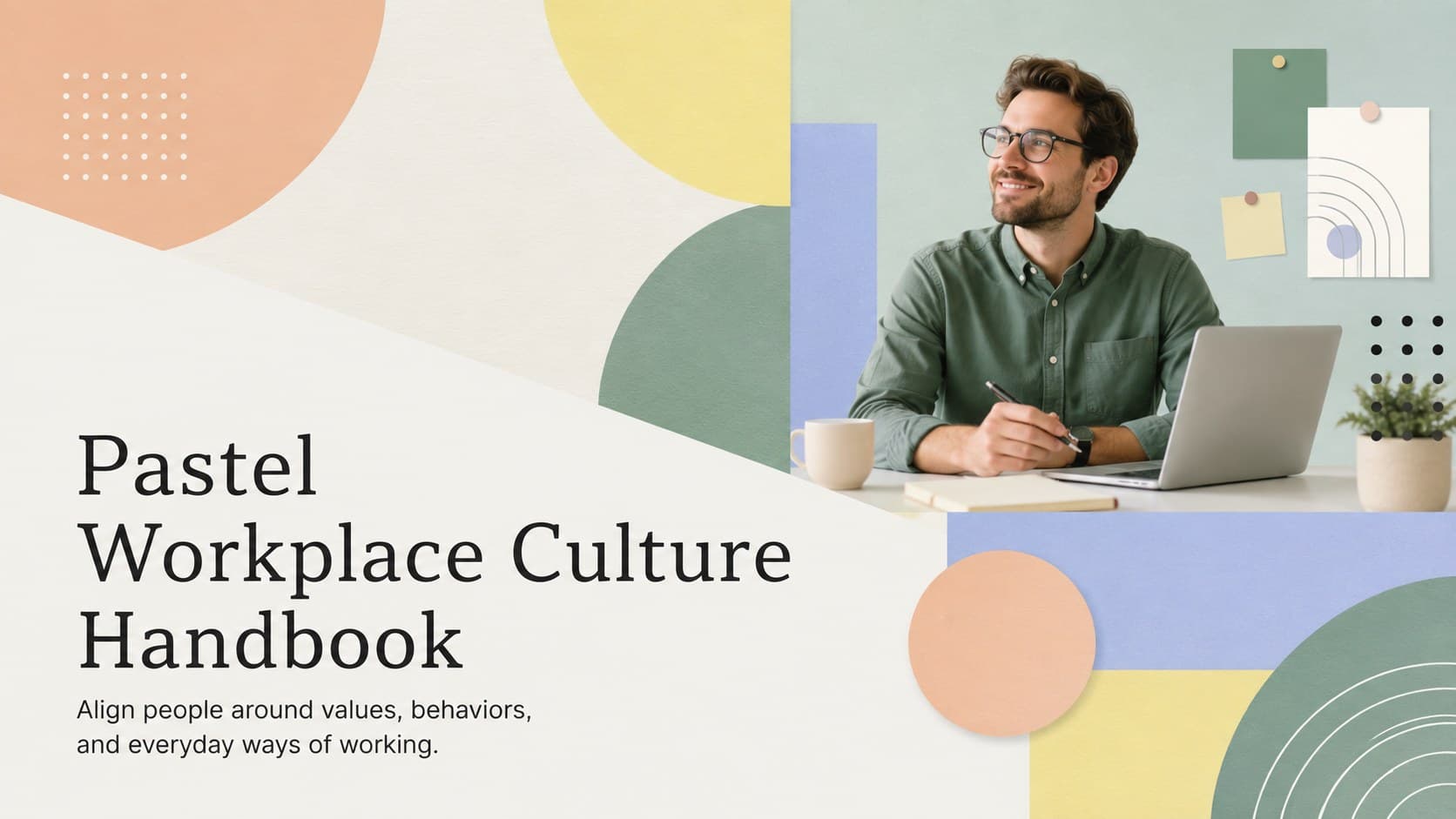Pastel Workplace Culture Handbook cover with modern geometric accents and a concise employee experience subtitle.