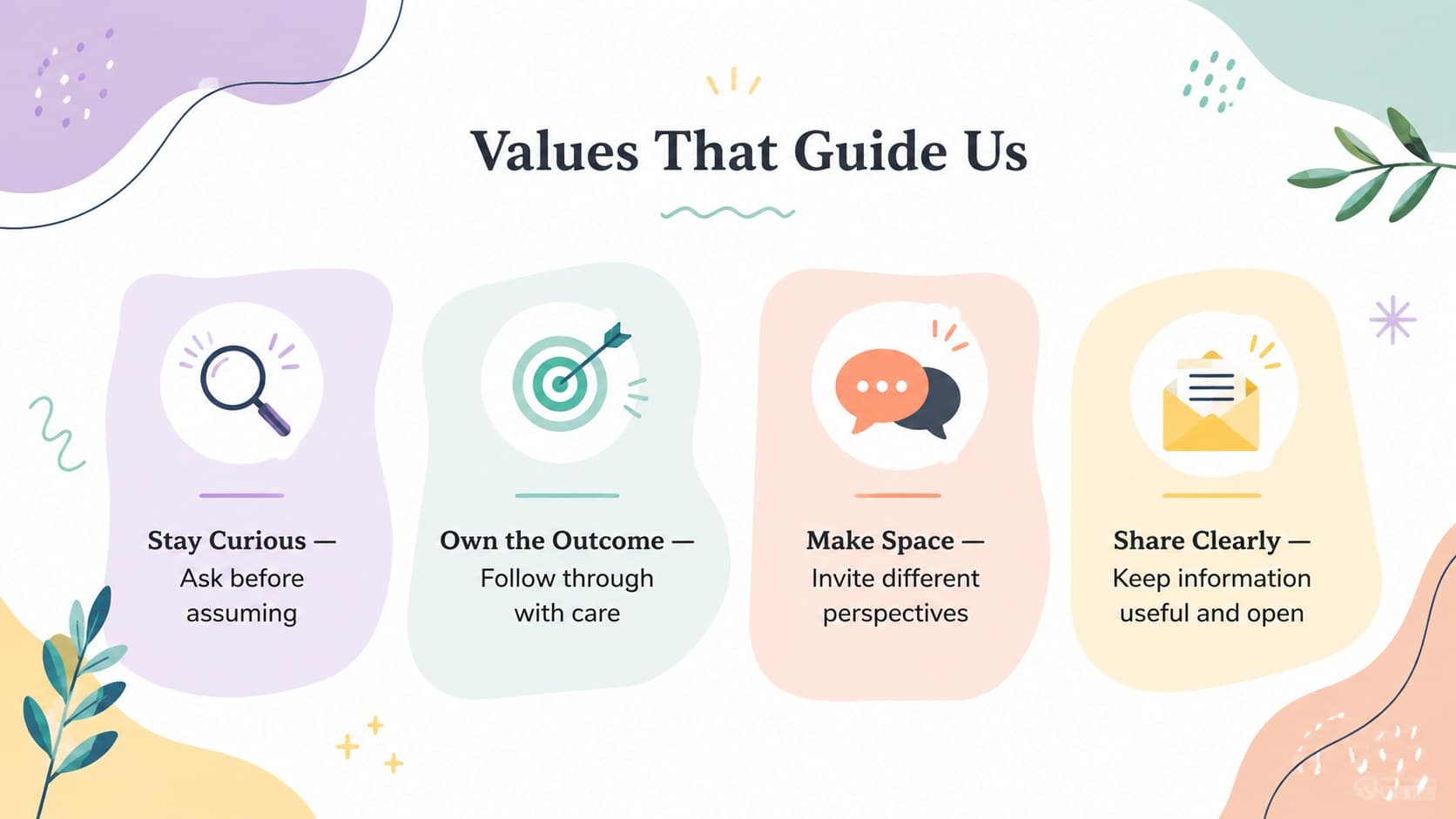 Colorful workplace values presentation template slide with four guiding principles.