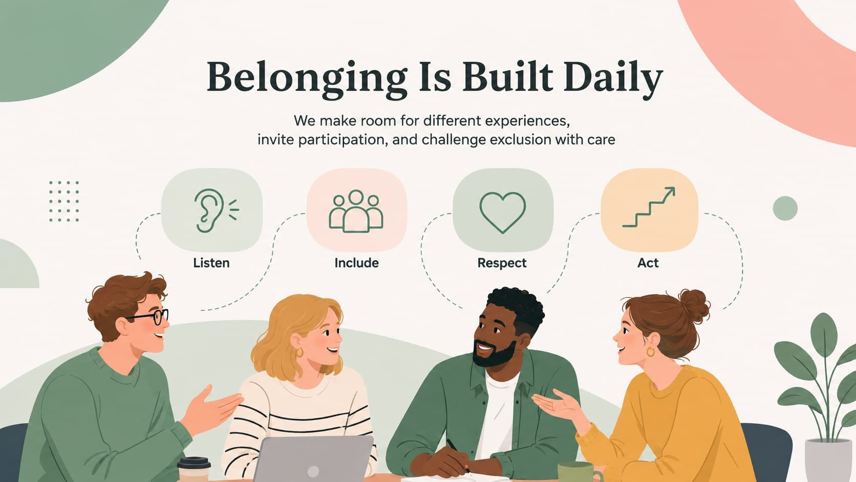 Inclusive workplace culture slide with pastel illustrations representing belonging and participation.