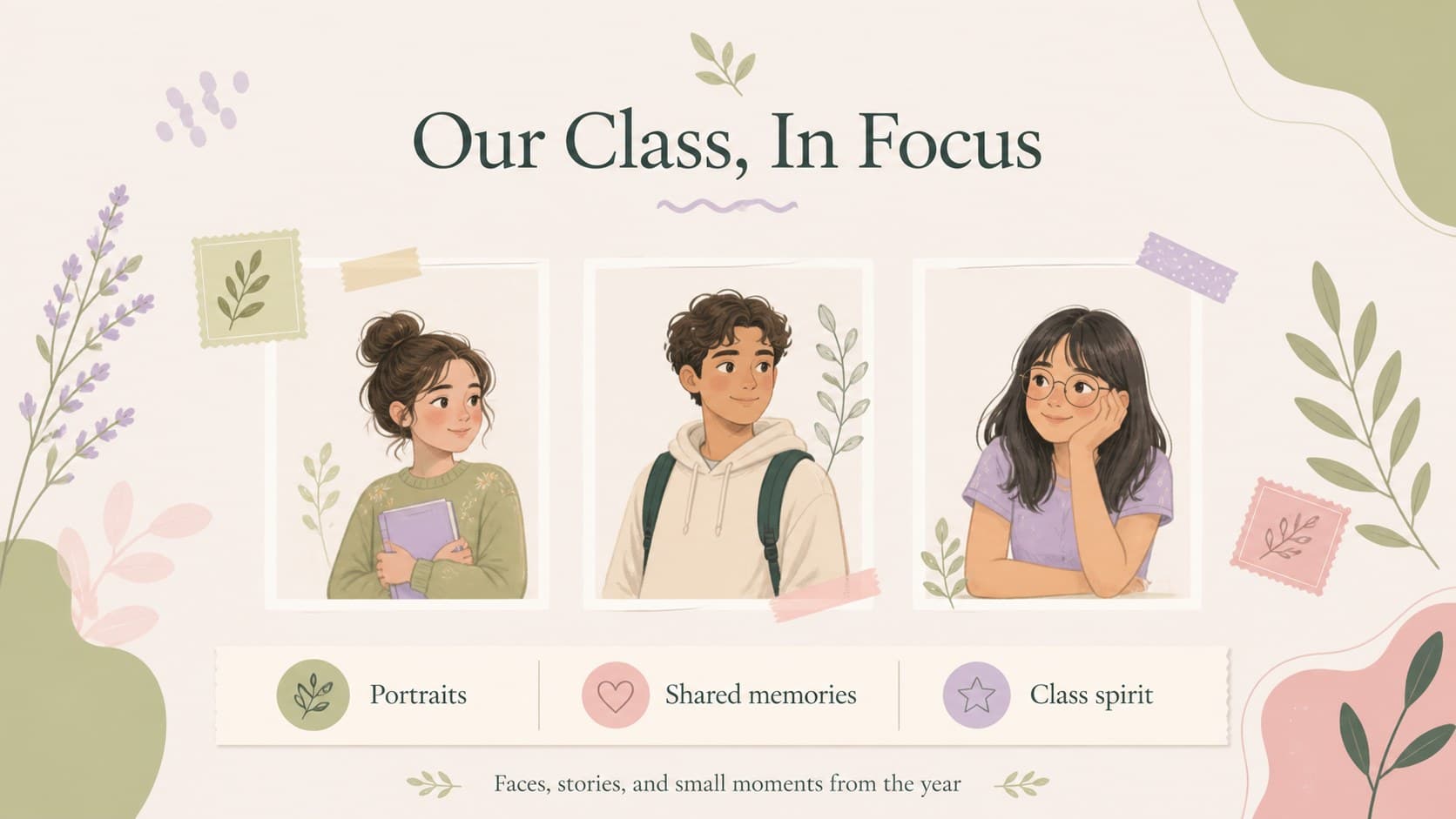 Class memory profile slide from a floral school album presentation with photo frames, captions, and muted pastel accents.