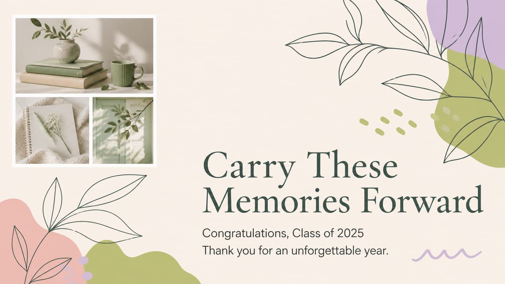 Graduation closing slide for a pastel graduation slideshow template with a large farewell message and photo collage.