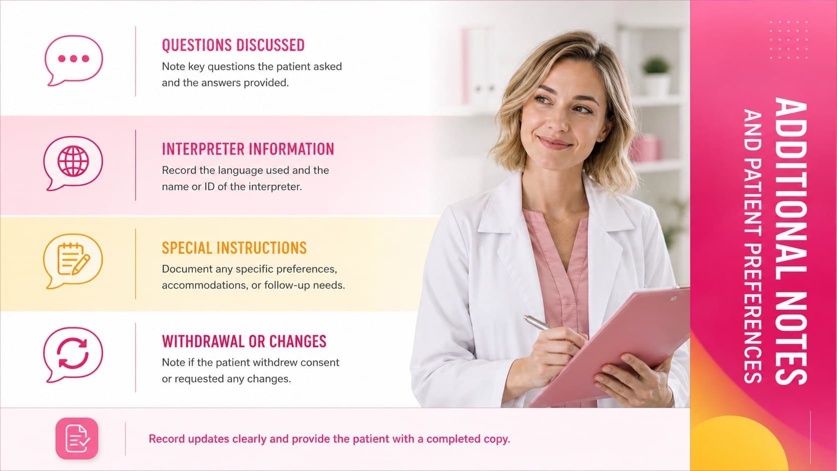 Editable healthcare permission document with sections for questions, interpreter details, special instructions, and consent withdrawal.