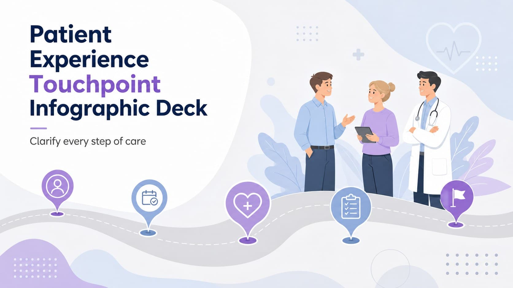 Cover for a Patient Experience Touchpoint Infographic Deck featuring an illustrated healthcare pathway in violet, blue, and grey.