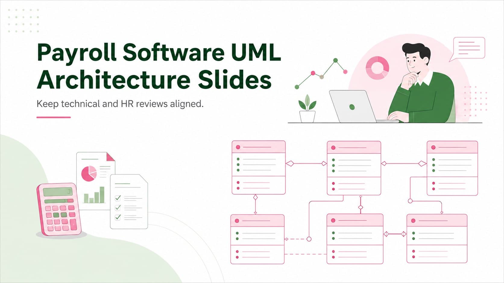 Cover for Payroll Software UML Architecture Slides with a professional green, white, and pink whiteboard design.