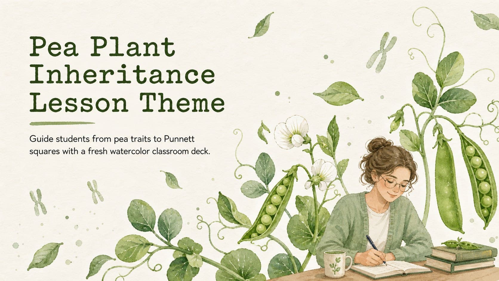 Green watercolor cover for the Pea Plant Inheritance Lesson Theme with botanical pea illustrations.