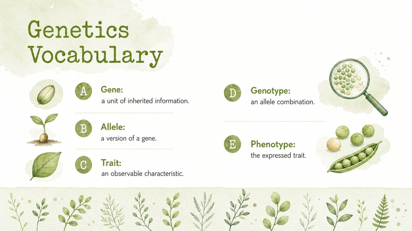Genetics vocabulary slide defining gene, allele, trait, genotype, and phenotype.