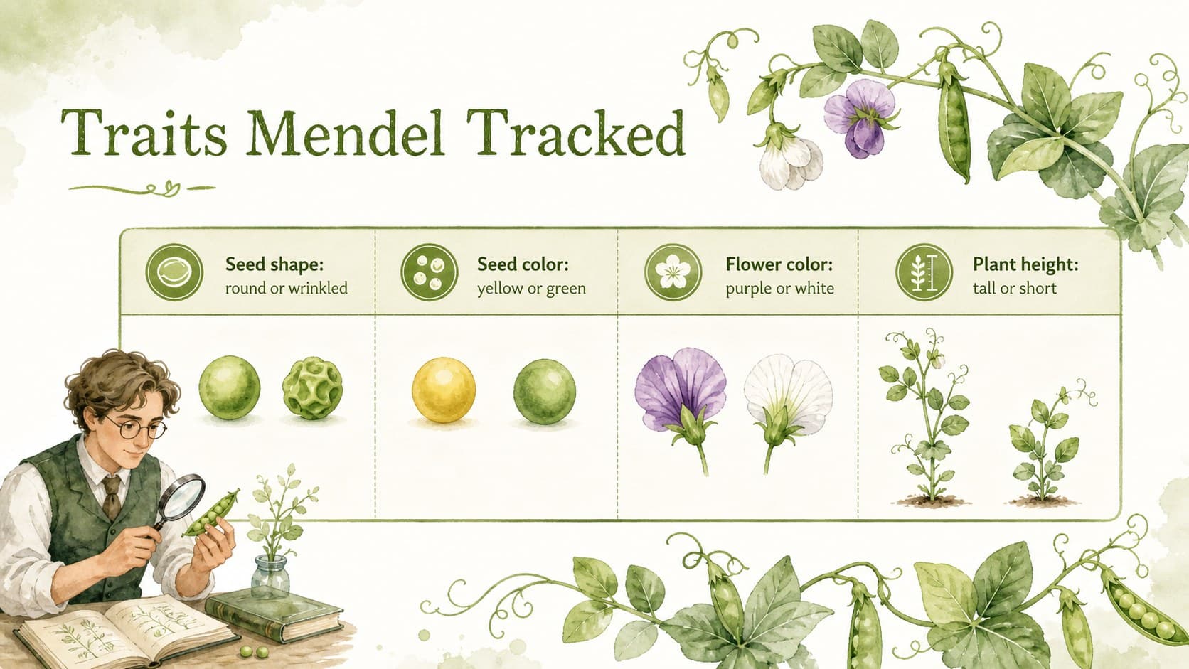 Illustrated pea trait comparison showing contrasting characteristics used in Mendel's experiments.