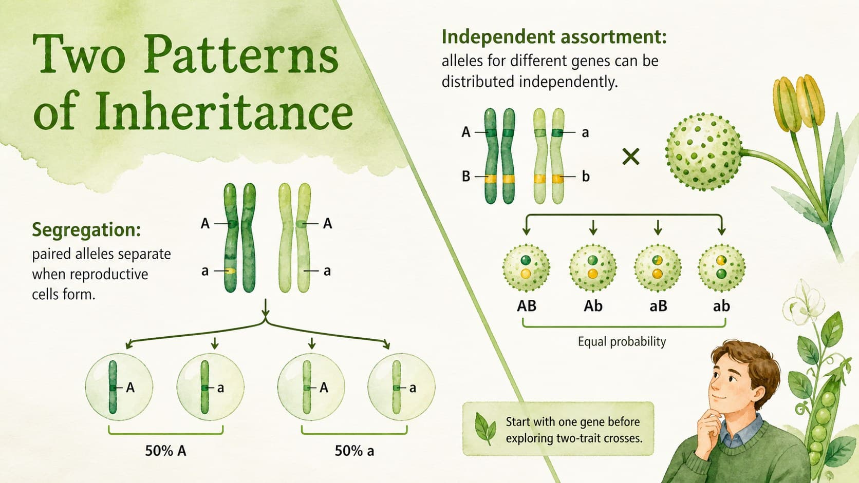 Mendelian inheritance slide summarizing segregation and independent assortment with simple diagrams.