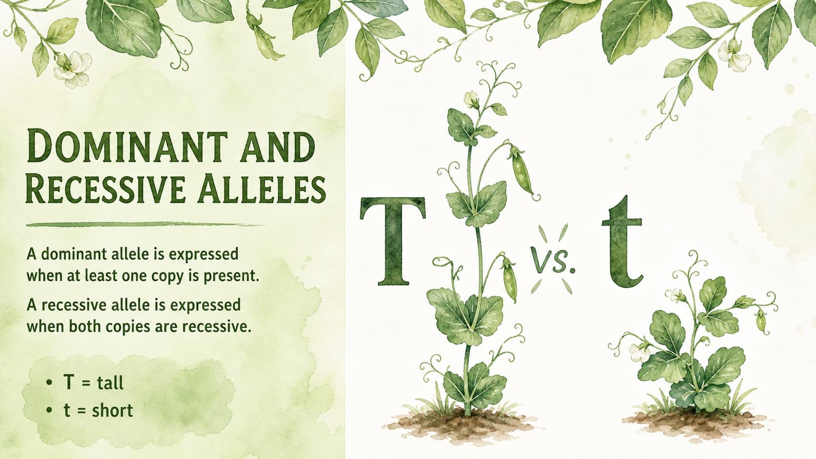 Dominant and recessive traits lesson slide comparing allele expression in pea plants.