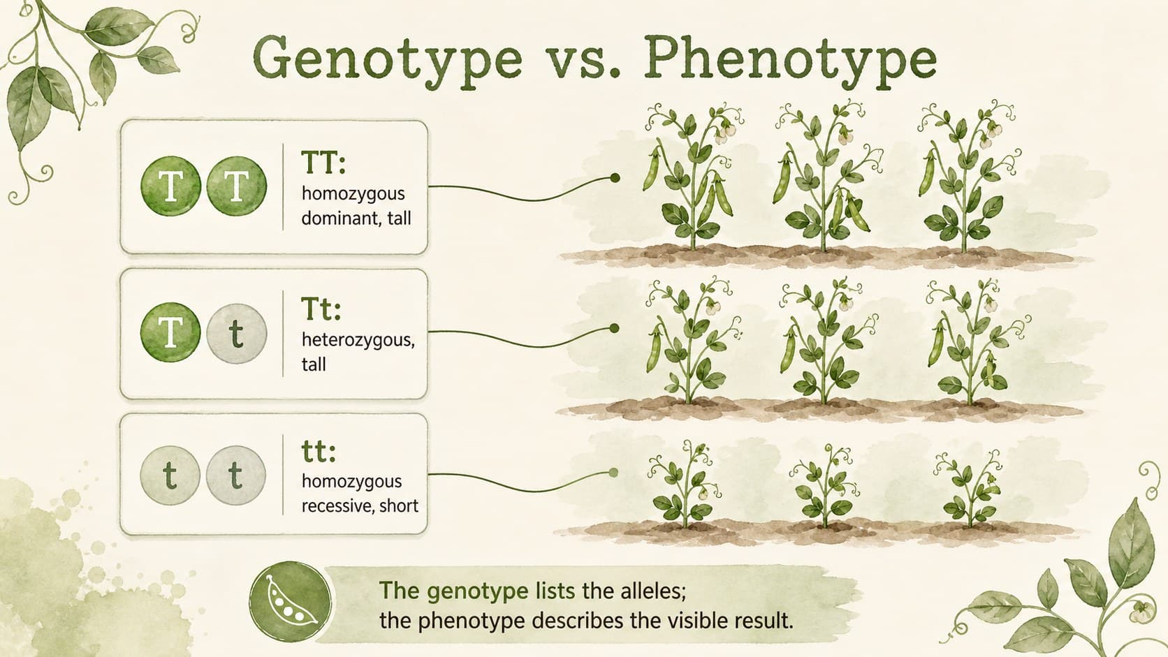 Genotype and phenotype biology slide comparing allele pairs with observable pea plant traits.