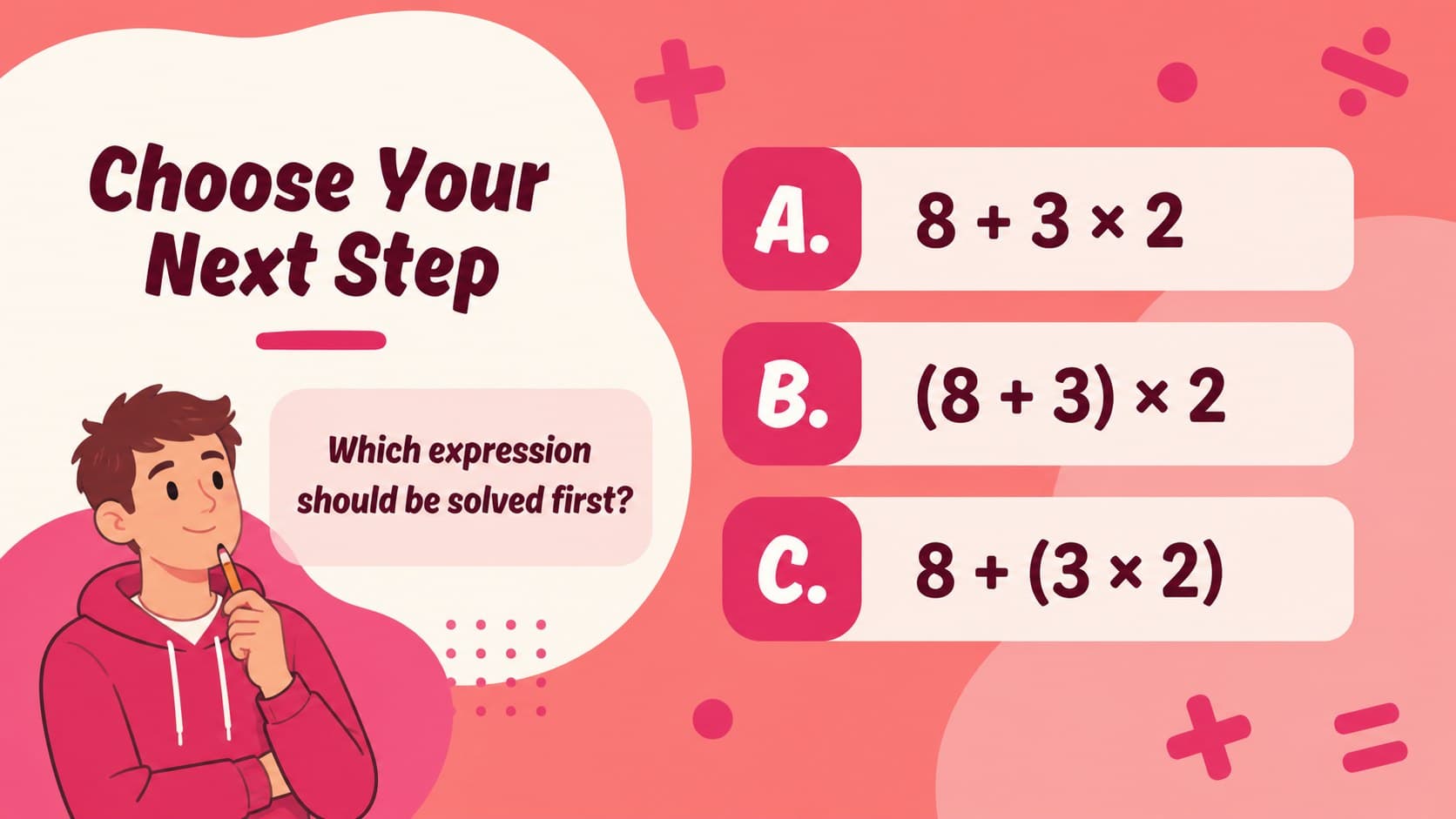 Interactive order of operations practice slide with multiple expression choices.