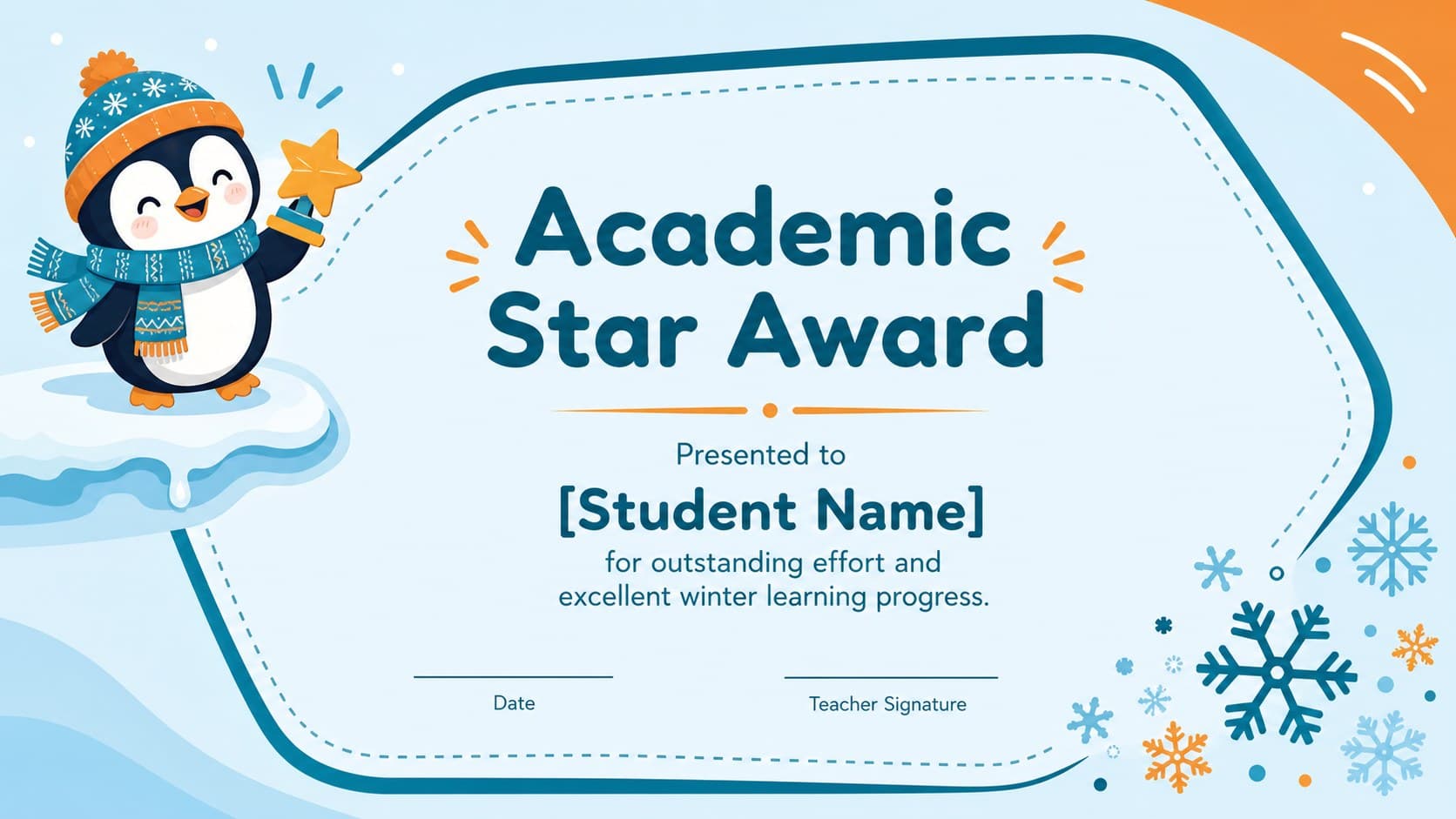 Editable winter classroom certificate honoring an Academic Star with playful penguin artwork.