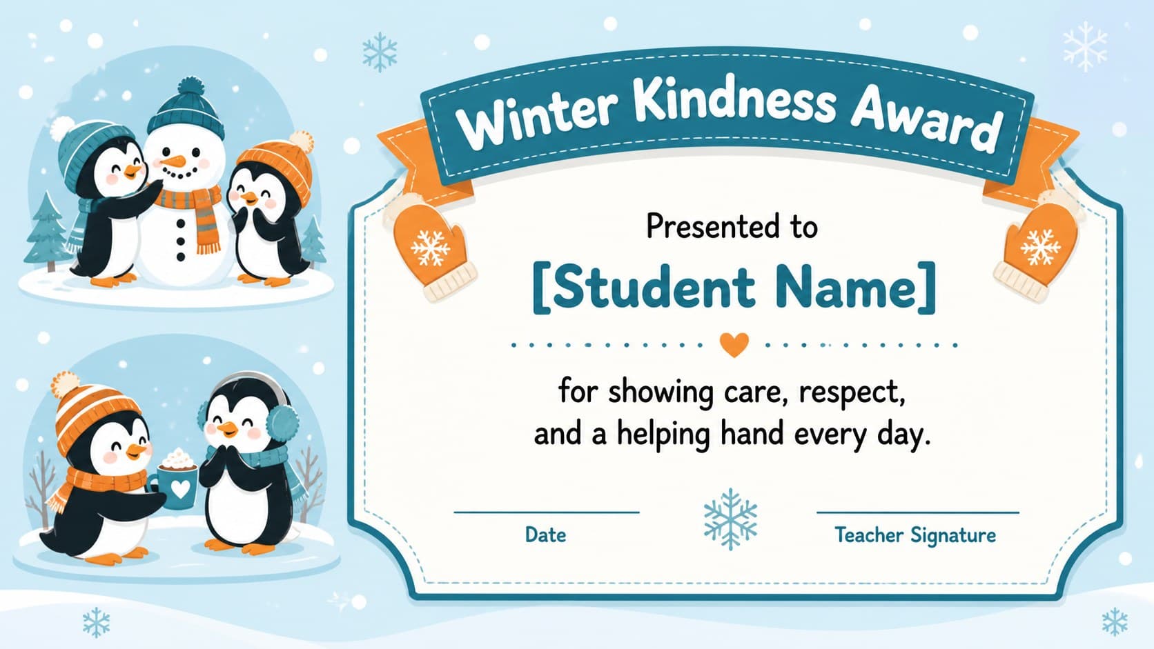 Penguin student award template recognizing kindness with teal and orange winter decorations.