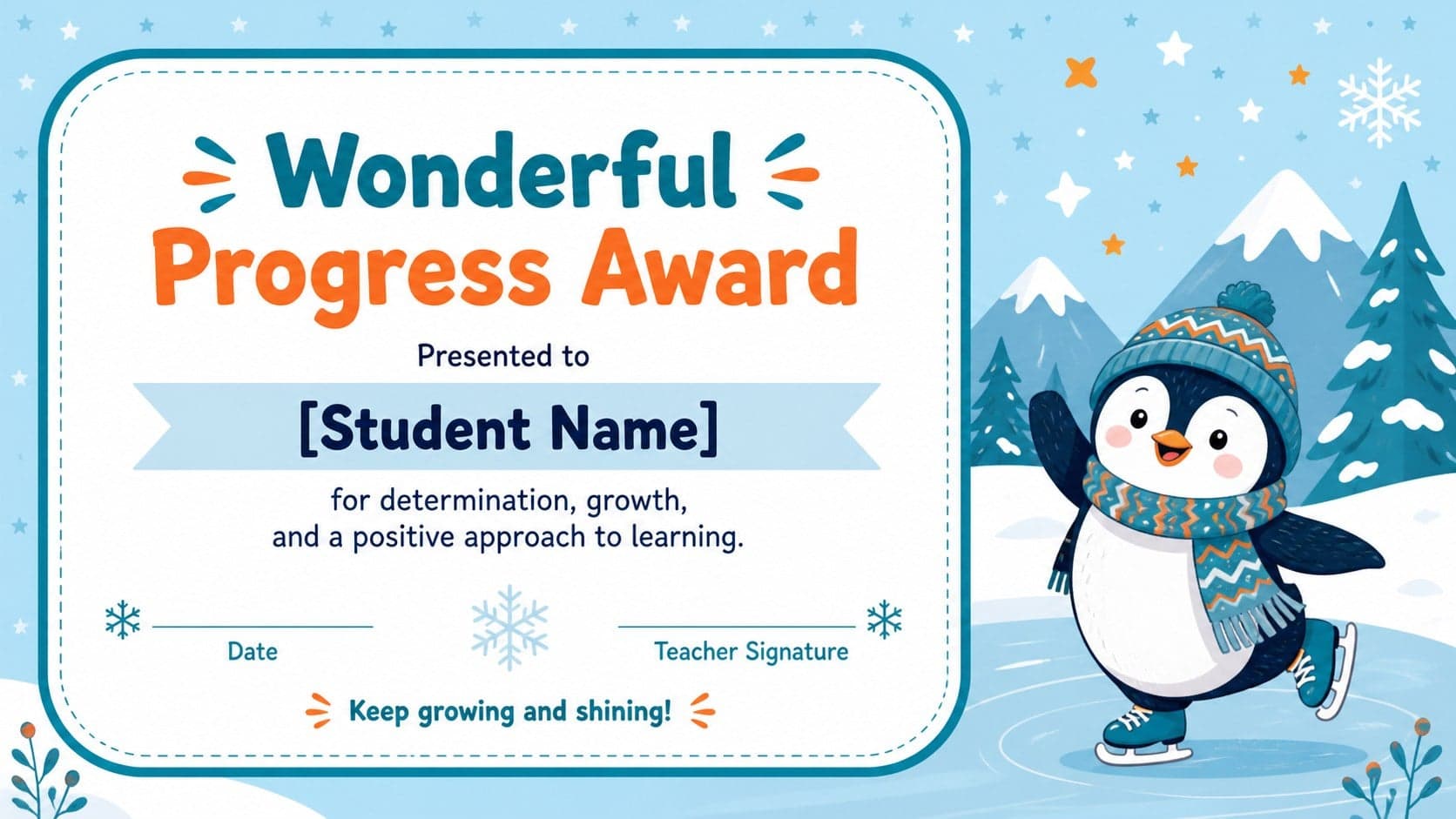 Printable school achievement award celebrating student growth in a cute blue, teal, and orange winter style.