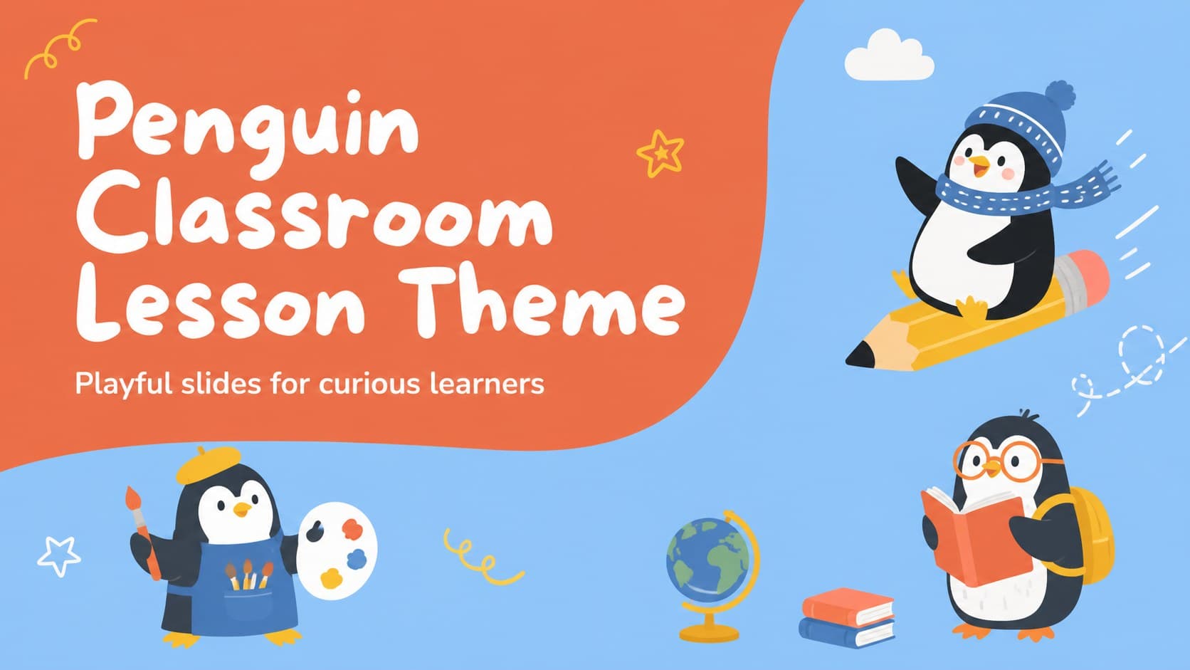 Penguin classroom presentation template cover with a bright lesson title and playful illustrated winter accents.