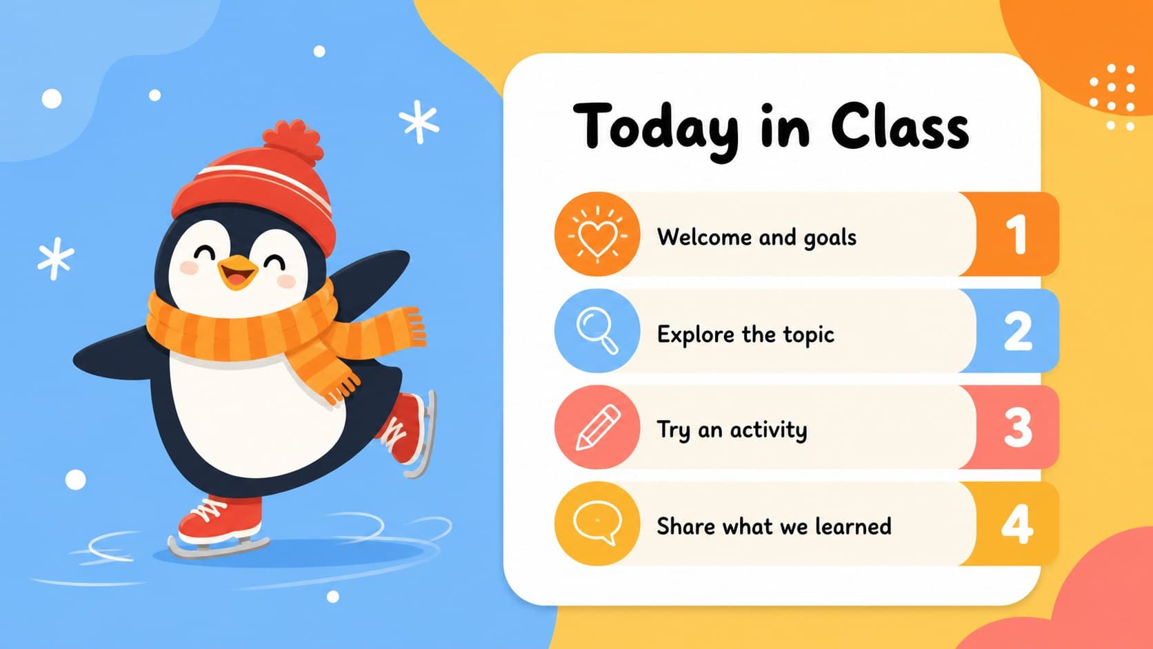 Lesson overview slide from a penguin lesson presentation showing a cheerful agenda with illustrated classroom details.