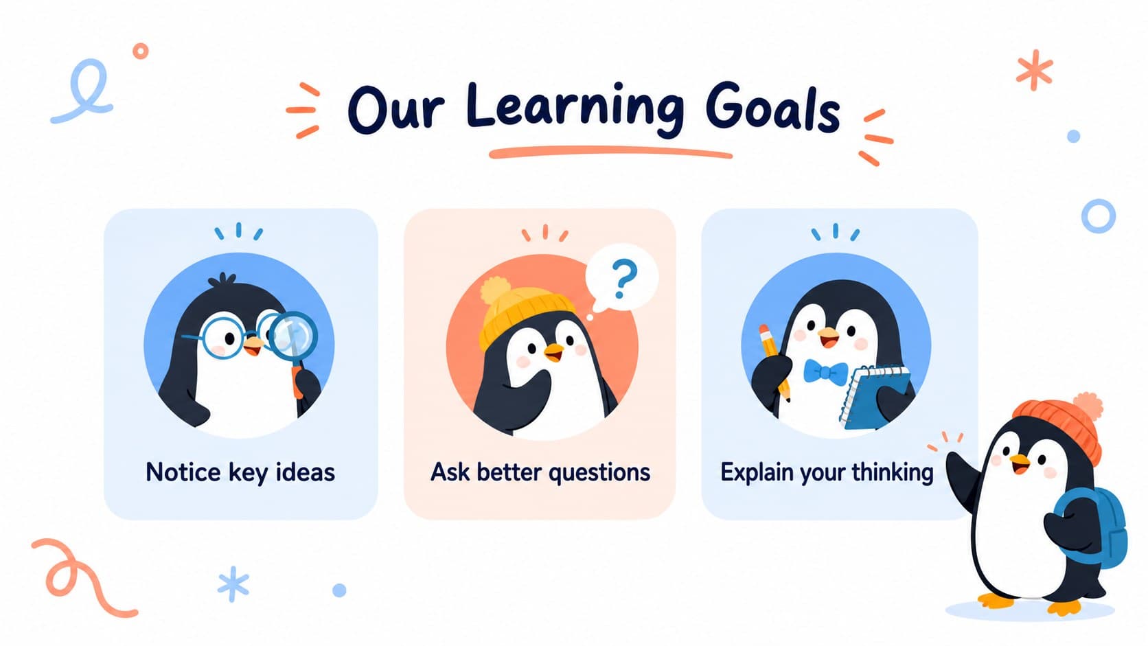 Illustrated school slideshow template slide presenting learning goals in a red and blue classroom layout.