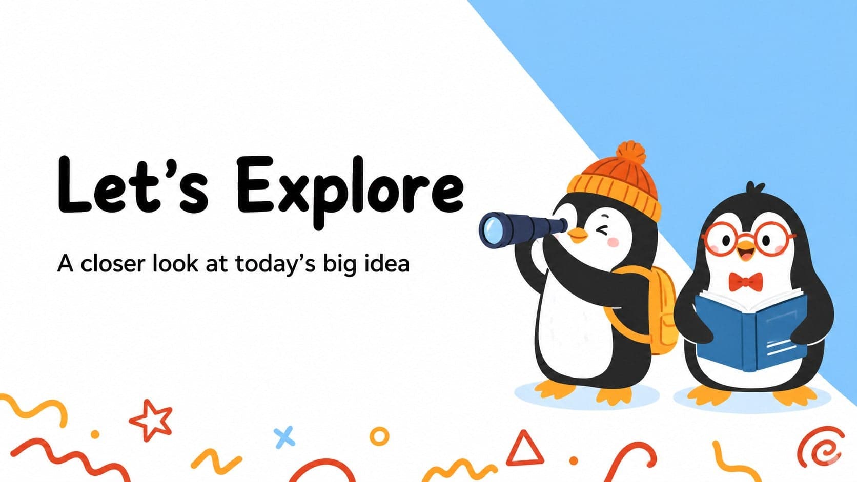 Penguin classroom presentation template section divider with a bold blue topic label and red illustrated accents.