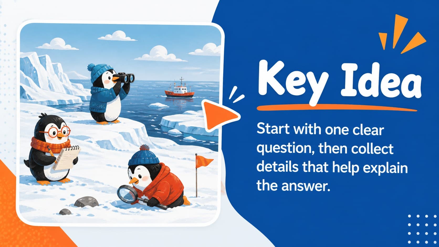 Cute winter classroom slides layout with a topic explanation, penguin illustration, and colorful note area.