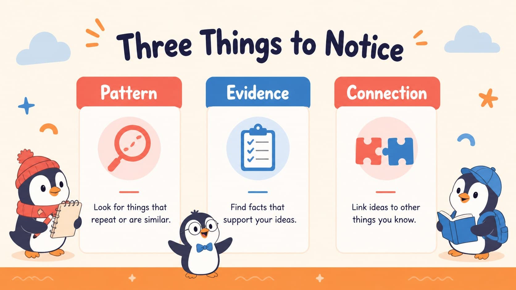 Elementary science presentation theme slide with three illustrated facts and colorful penguin classroom decorations.