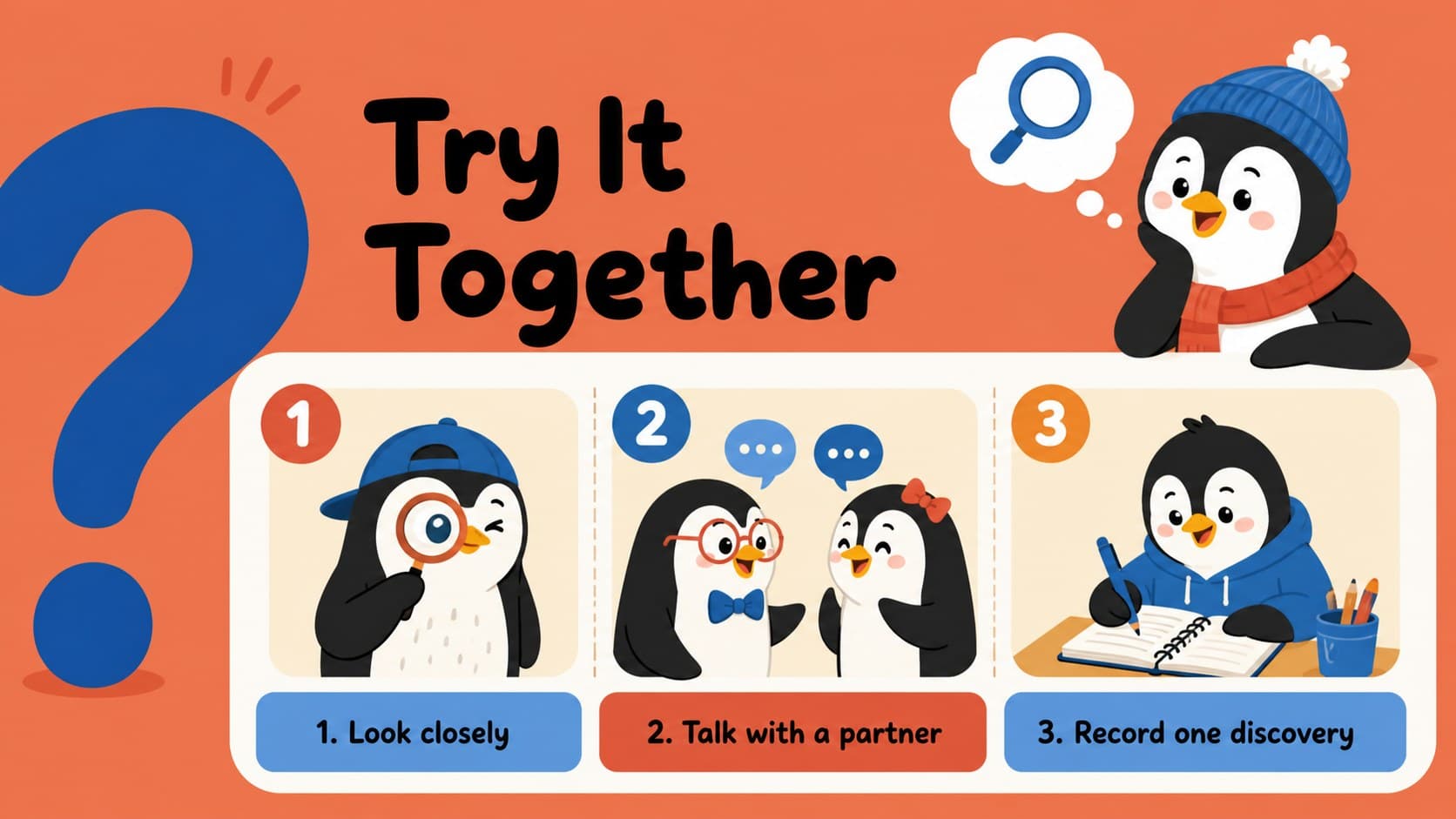 Penguin lesson presentation activity slide with numbered instructions and a lively red-orange-blue layout.