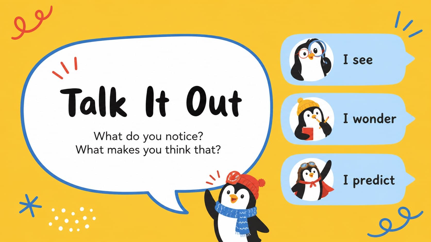 Playful teacher lesson deck slide with a large discussion prompt and colorful illustrated response area.