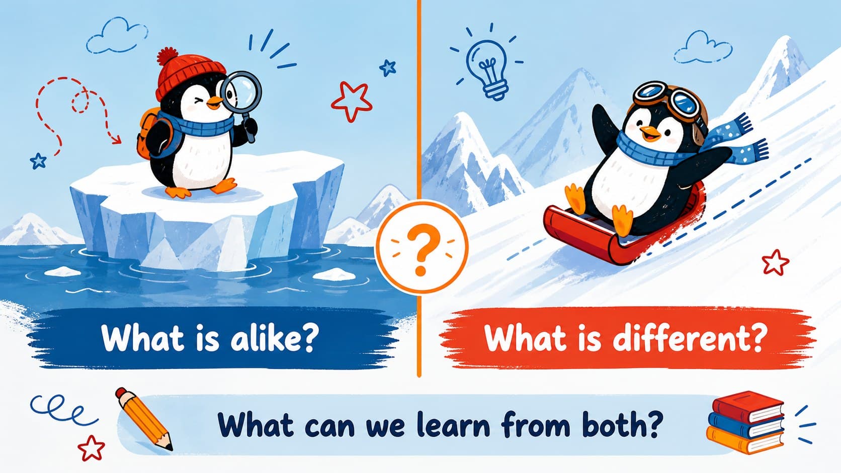 Penguin student project slides page showing a clean comparison between two ideas with colorful classroom icons.