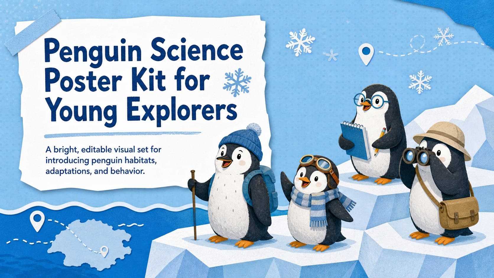 Cover of a blue-and-white penguin science poster kit with original penguin illustrations and an Antarctic learning subtitle.