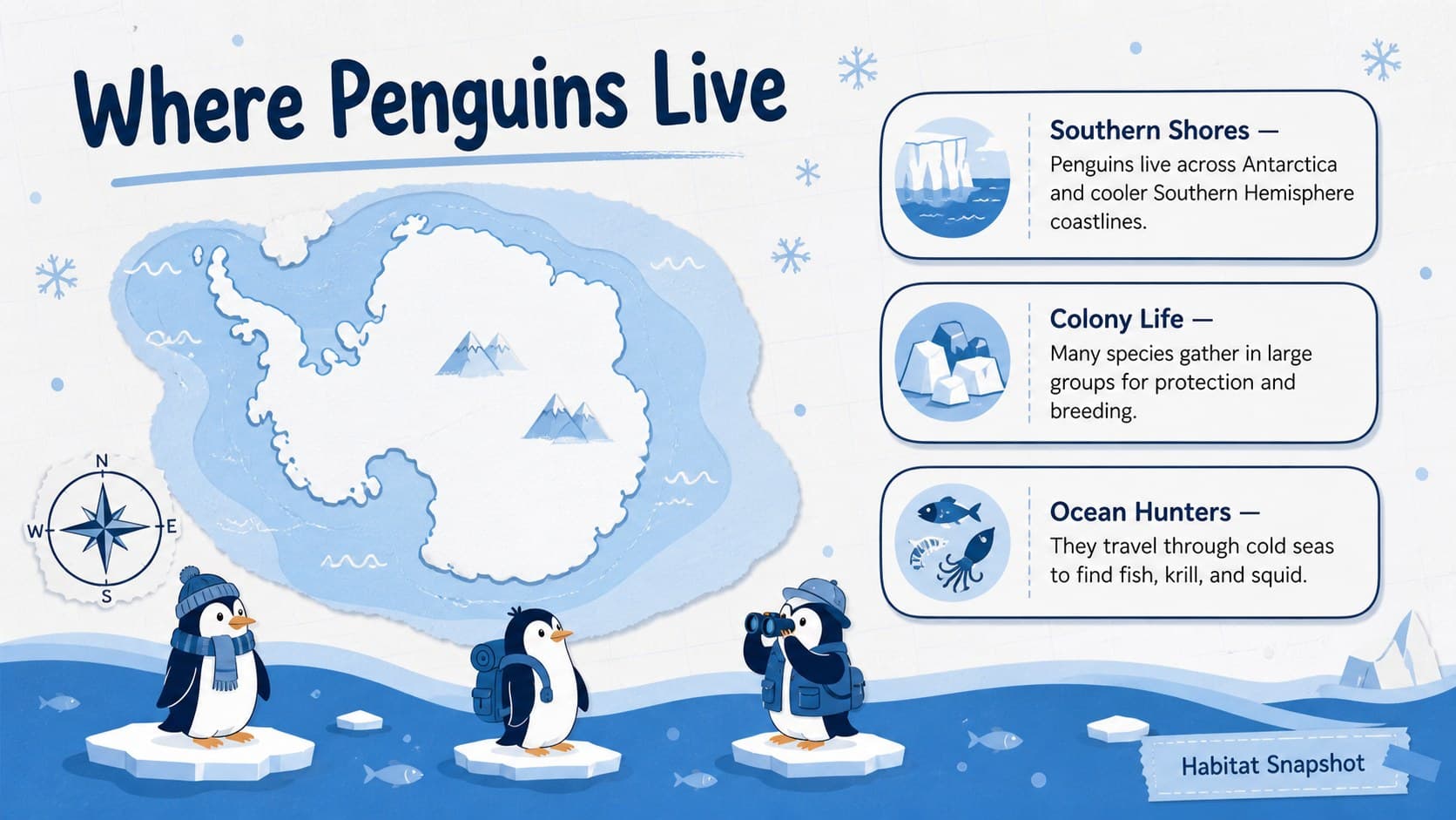 Penguin habitat lesson slide showing an Antarctic map, colony illustration, and concise habitat facts in a blue educational layout.