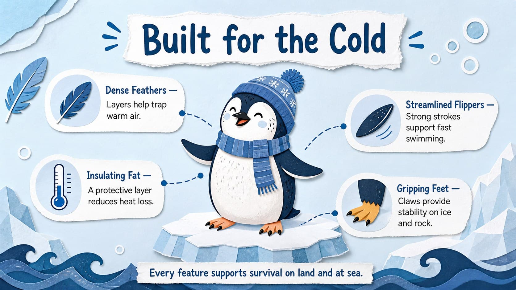 Penguin adaptations teaching slide with illustrated feathers, flippers, feet, and survival facts in blue and white.