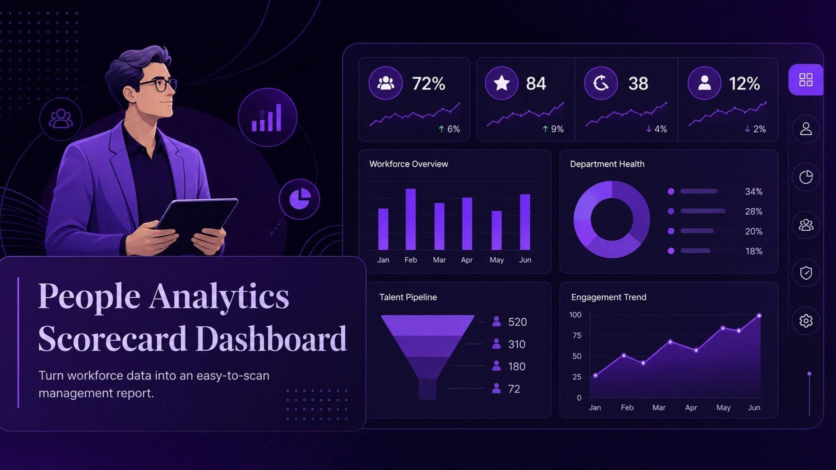 Cover slide for a people analytics scorecard with a dark purple HR dashboard design and a concise workforce reporting subtitle.