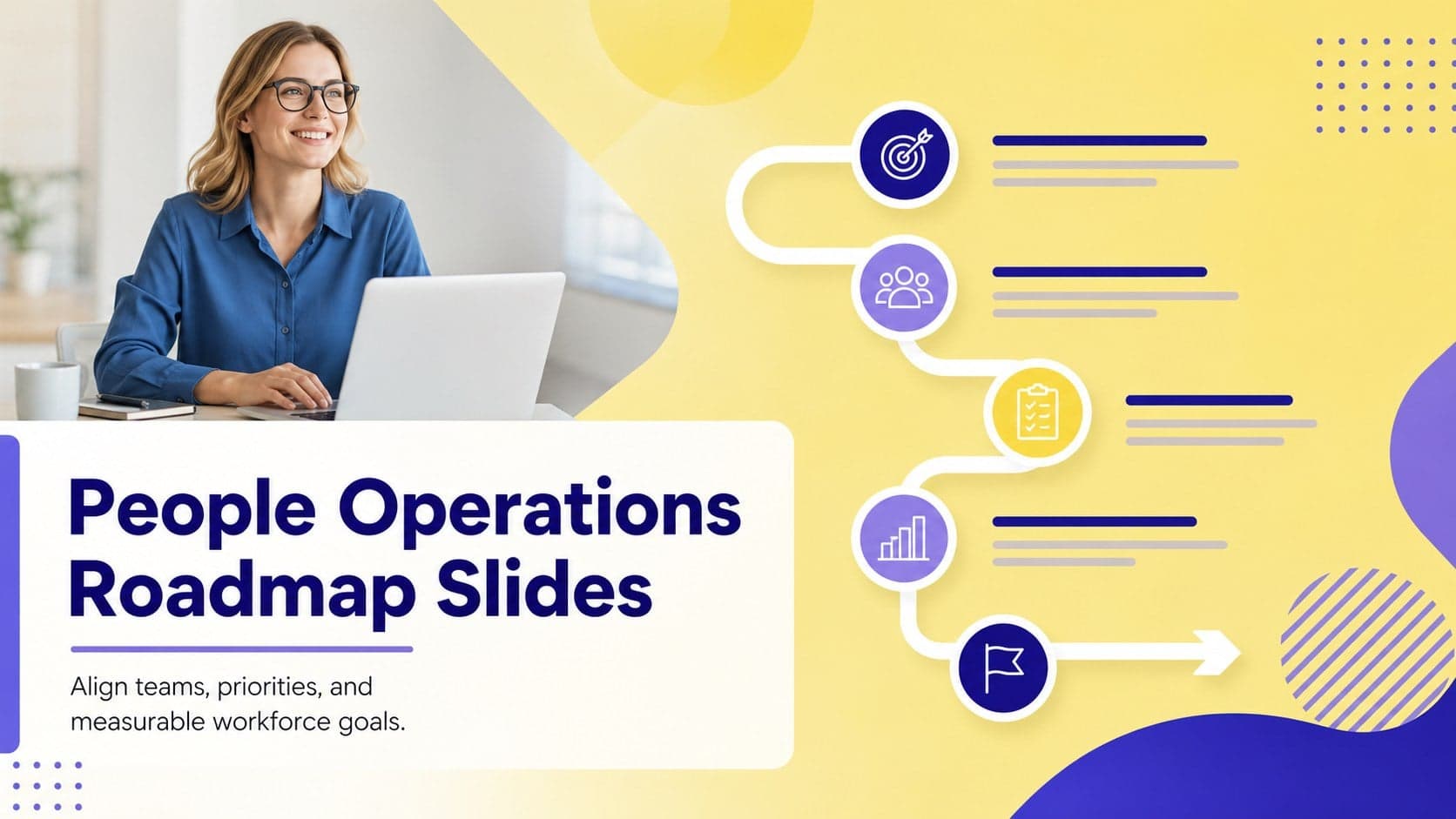 Cover slide for a people operations roadmap slides presentation with a bold corporate title and blue, purple, and yellow accents.