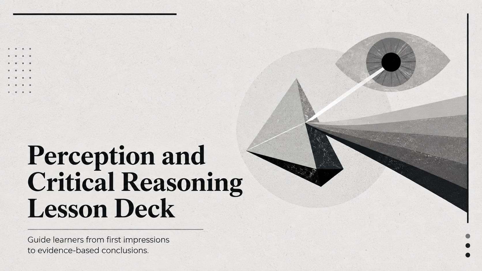 Monochrome cover for the Perception and Critical Reasoning Lesson Deck with editorial typography and an abstract eye illustration.