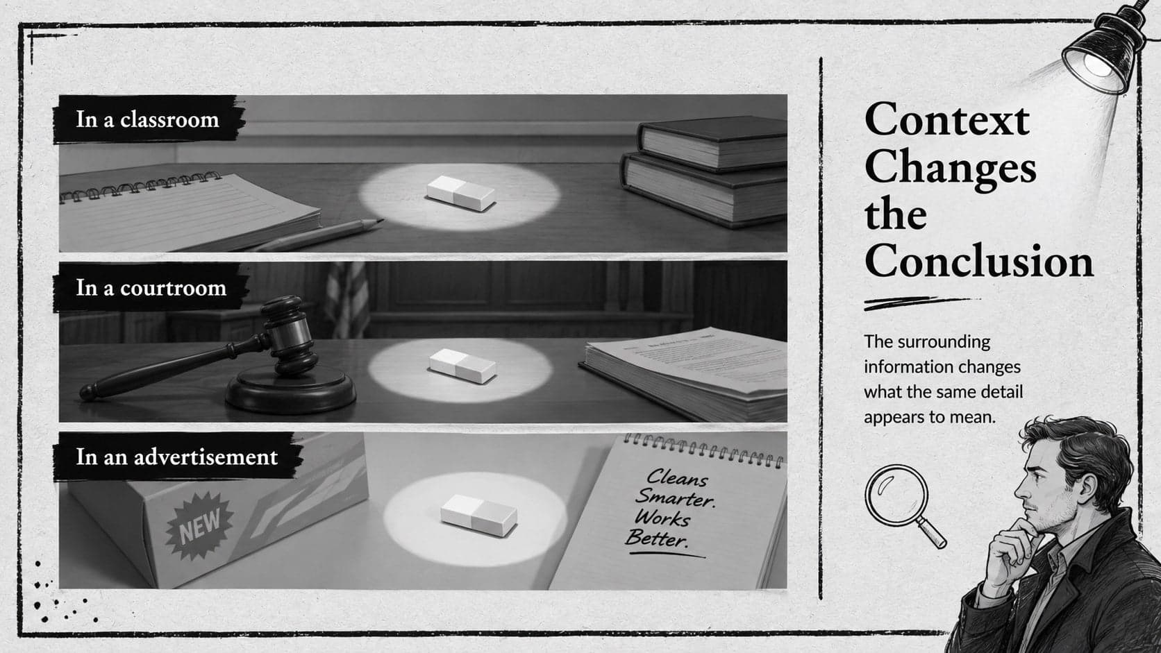 Interpreting visual evidence lesson slide demonstrating how context changes the meaning of a central symbol.