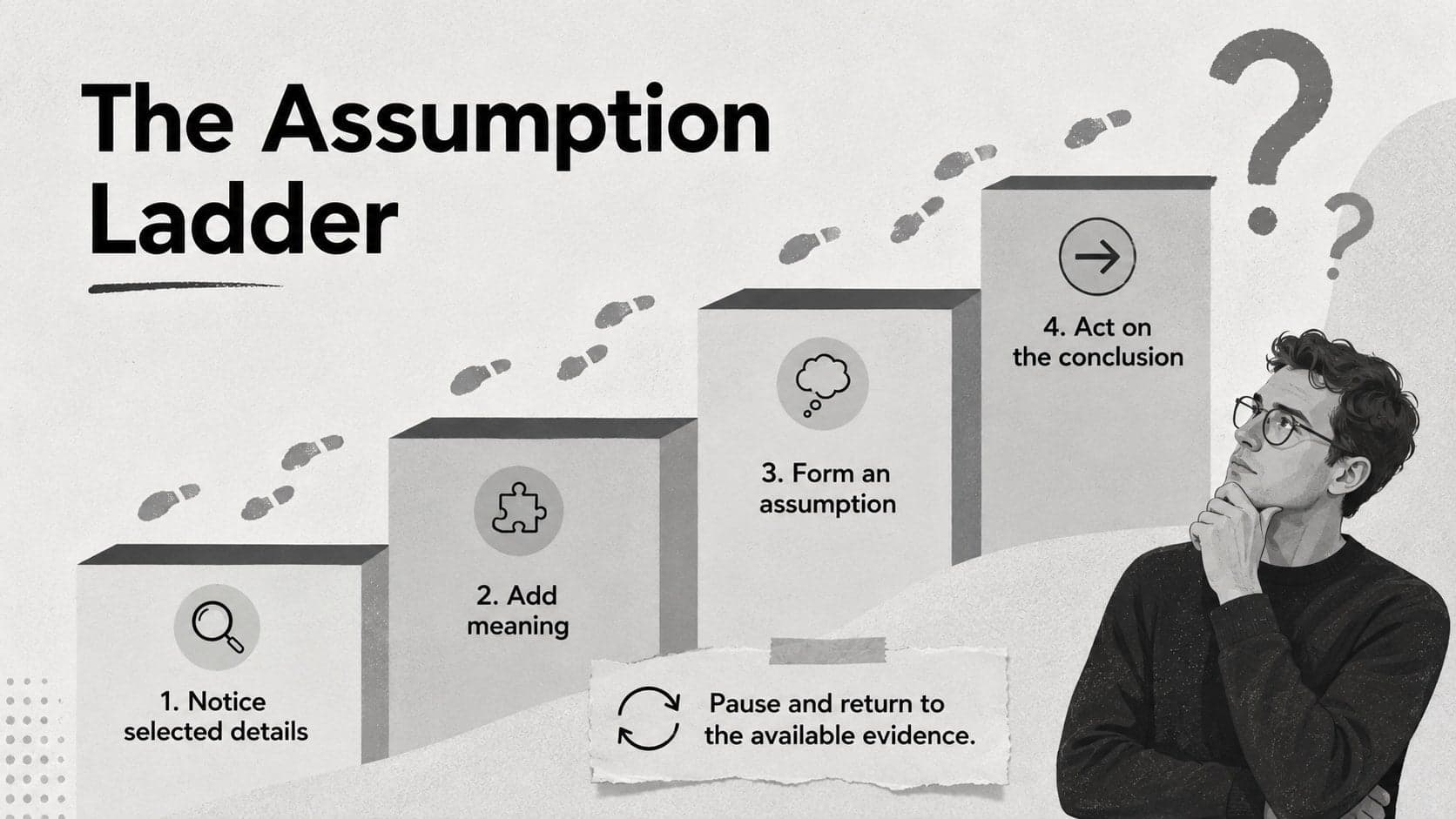Assumptions and judgment teaching slide illustrating a four-step ladder from data to action.