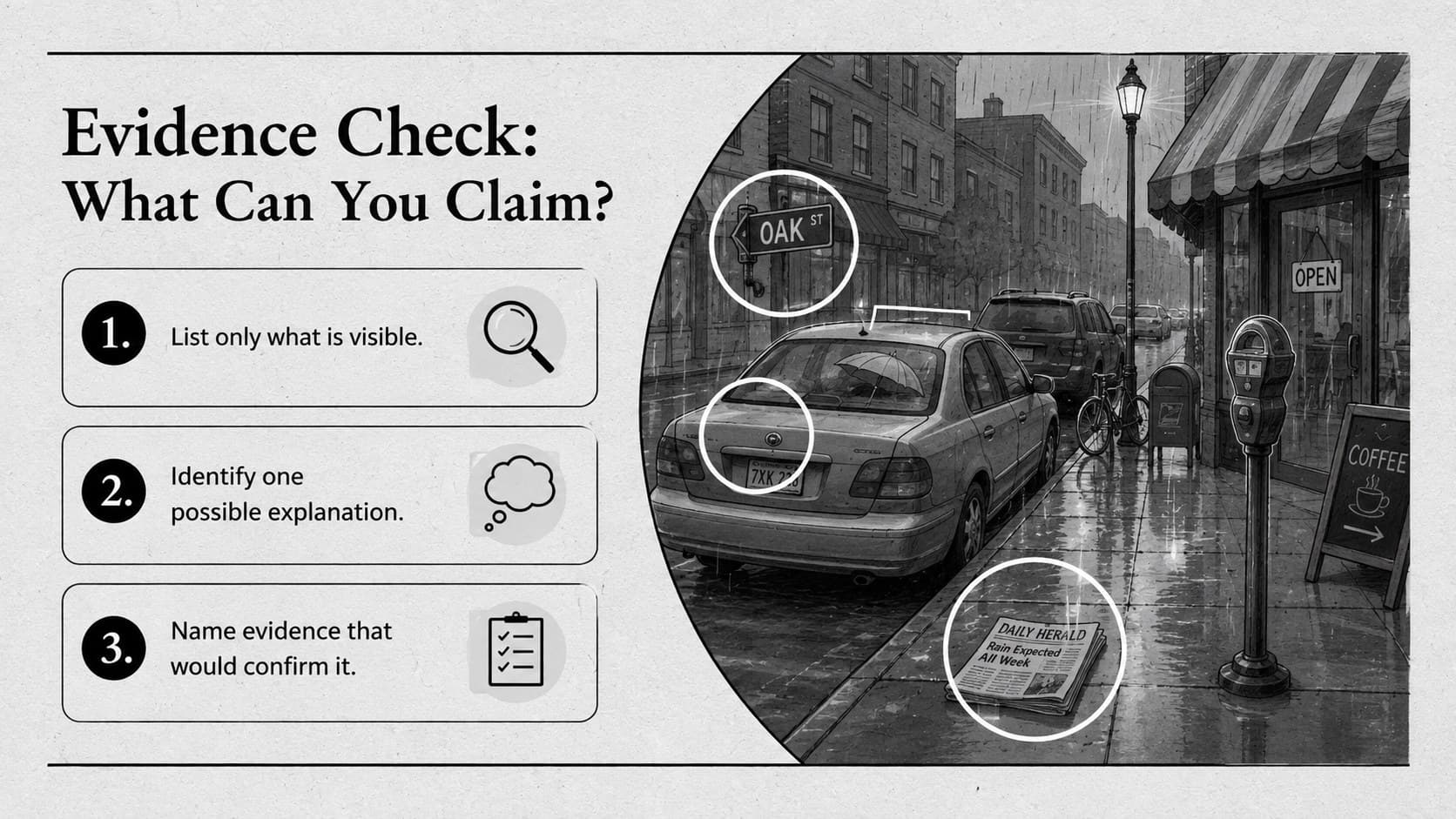 Classroom evidence analysis activity featuring an original street scene and guided reasoning questions.