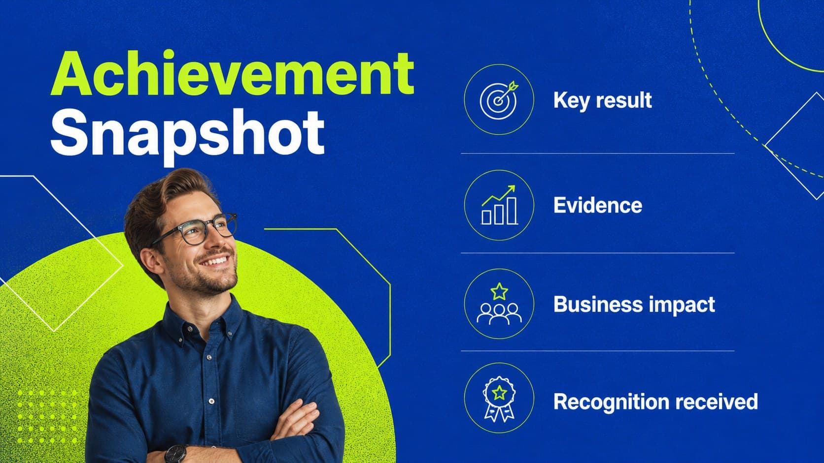 Staff evaluation meeting template slide summarizing key achievements and business impact.