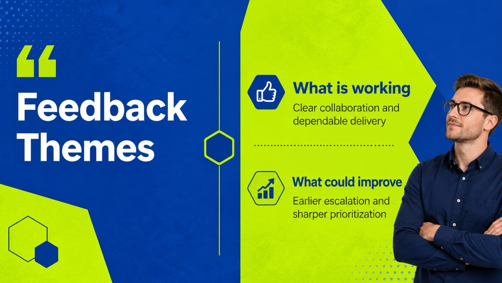 Employee feedback slide organizing strengths, recurring themes, and areas for improvement.