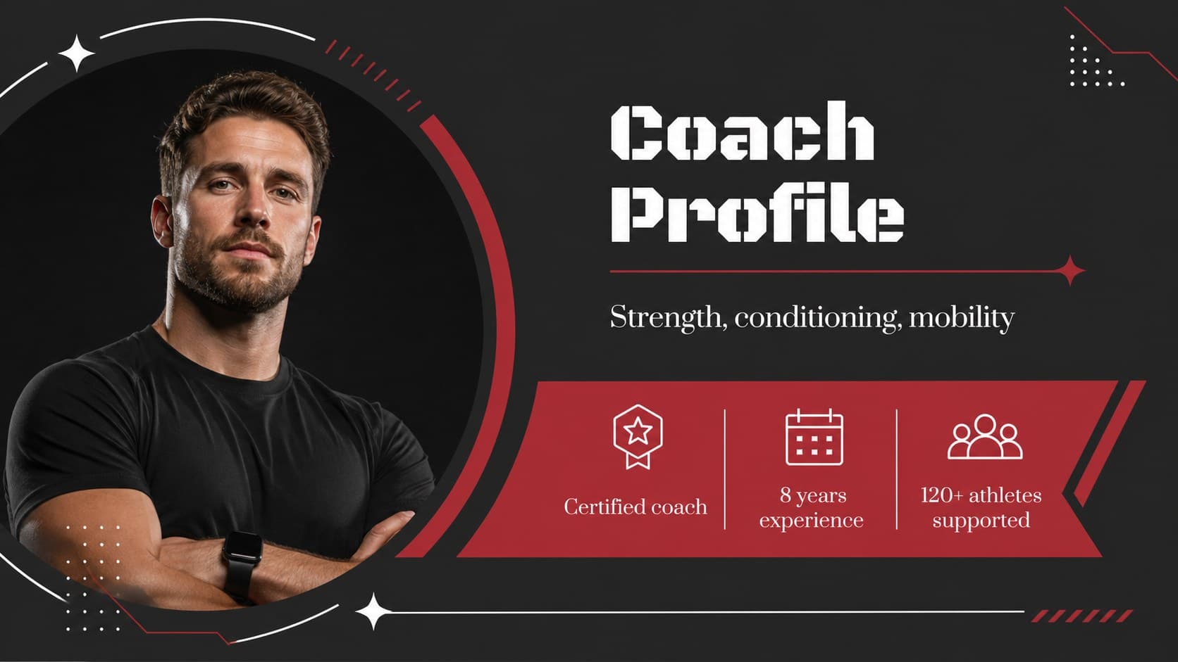 Athletic coach profile slide presenting credentials, specialties, and a modern professional portrait.