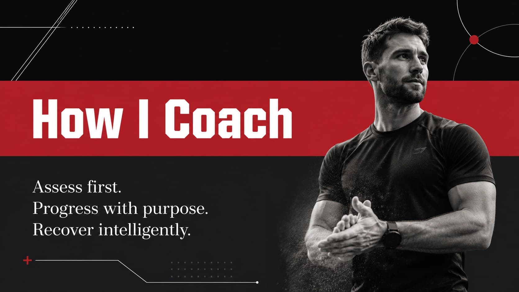 Training philosophy slide with concise coaching principles and red editorial accents.