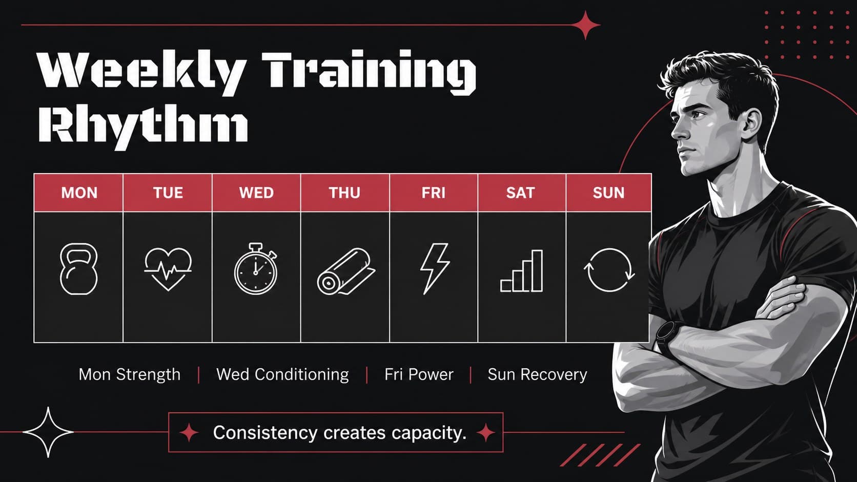 Weekly training plan slide organizing warm-up, strength, conditioning, and recovery sessions.